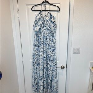 Elegant Blue Floral Halter Maxi Dress